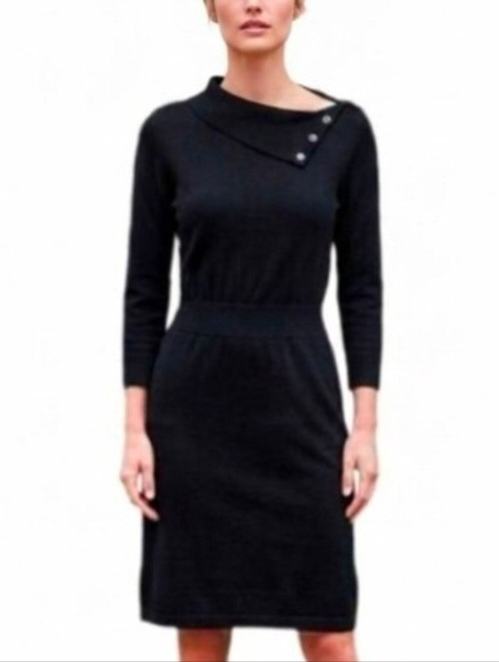 White House Black Market Dress Knit Assymetrical Neckline Black Size M